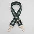 Detail of adjustable woven bag strap with green pattern and gold metal buckles - Gold Hook / Dark Green and White