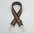 Detail of adjustable woven handbag strap with brown geometric pattern and gold clasps - Gold Hook / Beige with Coffee Edge