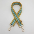 Adjustable wide woven shoulder strap for bags with yellow geometric plaid pattern - Orange Edge Light Blue + Gold Hook