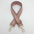 Close-up of woven bag strap with purple geometric patterns and gold metal swivel hooks - Purple Edge Khaki Pink + Gold Hook