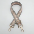 Detail of adjustable geometric woven bag strap with golden metal lobster clasps - Purple Edge Pink White + Gold Hook
