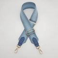 Detail of adjustable blue and white lattice purse strap with gold metal lobster claws - Gold Hook / Haze Blue/Lake Blue Leather