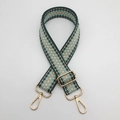 Detail of adjustable plaid shoulder strap with golden metal swivel hooks for bags - Dark Green Edge Light Blue Beige + Gold Hook