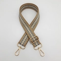 Close-up of woven bag strap with blue plaid pattern and golden metal swivel hooks - Dark Khaki Edge Beige + Gold Hook