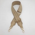 Detail of 5cm wide beige strap with gold geometric weave and metal lobster clasps - Gold Hook / Apricot with Gold Thread/Apricot Leather