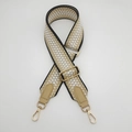 Detail of 5cm wide adjustable woven strap with khaki plaid pattern and gold lobster clasp - Gold Hook / Khaki with Black Border/Khaki Leather