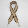 Detail of 5cm wide jacquard geometric strap with gold metal buckle and PU leather ends - Gold Hook / Deep Khaki with Coffee Border/Khaki Leather