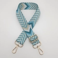 Close-up of blue and beige chevron woven wide strap with gold hardware hooks - Aqua Blue Apricot White + Gold Hook