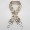 Close-up of adjustable woven shoulder strap with brown chevron patterns and silver hooks - Dark Khaki + Silver Hook (Gold Thread)