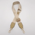 Close-up of champagne gold nylon bag strap with shiny gold metal lobster clasps - Khaki with Khaki Leather