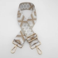 Close-up of ethnic jacquard pattern strap with golden metal buckle and lobster clasp - Beige Gray and Khaki with Silver Thread and Gold Hook
