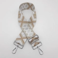 Close-up of geometric ethnic pattern nylon bag strap with silver metal lobster hooks - Beige Gray and Khaki with Silver Thread and Silver Hook