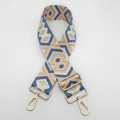 Close-up of ethnic geometric jacquard bag strap with gold metal swivel snap hooks - Blue and Pink with Gold Thread and Gold Hook