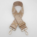 Close-up of geometric ethnic pattern woven nylon strap with gold metal lobster clasps - Dusty Pink and Khaki with Gold Thread and Gold Hook