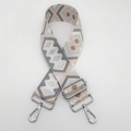 Detail view of the ethnic wide fabric strap with silver metal swivel hooks and buckles - Pink and Dark Gray with Silver Thread and Silver Hook