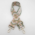 Detail of retro geometric woven bag strap with golden lobster clasp and adjustable buckle - Bean Green and Khaki with Pink Gold Thread and Gold Hook