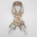Close-up of ethnic geometric pattern nylon bag strap with silver metal swivel hooks - Bean Green and Khaki with Pink Gold Thread and Silver Hook