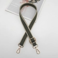 Detailed close-up of wide army green woven bag strap with golden metal swivel lobster clasps - Gold Hook / Beige Edge Green