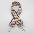 Detail of adjustable ethnic woven strap with diamond patterns and silver metal swivel hooks - Light Blue and Coffee with Orange Gold Thread and Silver Hook