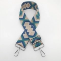 Close-up of ethnic geometric jacquard bag strap with silver metal swivel hooks - Blue-Green with Gold Thread and Silver Hook