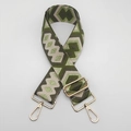 Detail of green geometric ethnic nylon bag strap with gold metal swivel lobster clasps - Army Green with Green Gold Thread and Gold Hook