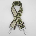 Detail of ethnic style green geometric woven bag strap with silver metal lobster hooks - Army Green with Green Gold Thread and Silver Hook