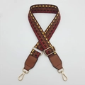 Adjustable wide woven shoulder strap in geometric red and yellow pattern with gold hooks - Silver Hook / Yellow Grey Brown / Brown Leather