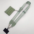 Adjustable light green woven crossbody strap with matching zipper pouch and phone patch - Matcha Green Strap Silver Hook