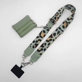 Detail of leopard print crossbody phone strap with green leather wallet and metal hooks - Matcha Green Leopard Print (Silver Hook Set)