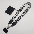 Detail of leopard print phone strap with silver carabiner and black zipper coin pouch - Black White Gray Leopard Print (Silver Hook Set)