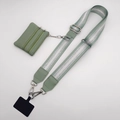 Detailed view of light green fabric phone strap with matching mini zipper purse and silver hooks - Matcha Green Silver Wire Texture (Silver Hook Set)