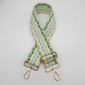 Close-up of ethnic geometric woven bag strap in green and blue with gold hardware - Light Blue Green Geometric