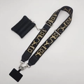 Crossbody phone strap with embroidered gold patterns and matching triple-layer coin purse - Black Embroidered Symbols (Silver Hook Set)