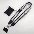 Universal phone strap set with striped webbing, leather coin purse and silver metal hooks - Black Silver Wire Texture (Silver Hook Set)