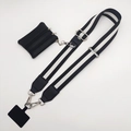 Adjustable black and white striped phone strap with a detachable small zippered pouch - Black and White Stripes (Silver Hook Set)