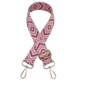 Dettaglio della tracolla geometrica tessuta con motivi rosa e moschettoni in metallo dorato - Gancio oro chiaro / Rosa Fucsia su Beige