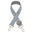 Close-up of adjustable woven shoulder strap with blue geometric diamond pattern and gold hooks - Light Blue With Beige Base