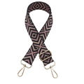 Close-up of adjustable woven shoulder strap with pink geometric lattice and gold buckles - Black Base Pink Bow