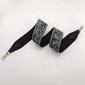 Adjustable black woven shoulder strap with white paisley embroidery and silver metal hooks - Black with Silver Hook