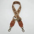 Close-up of bohemian geometric woven bag strap with brown leather and bronze hooks - Style 9 Brown Leather