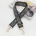 Ethnic style colorful jacquard wide bag strap with golden metal hardware on white background - Black Base Light Blue