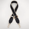 Detail of adjustable black weave bag strap with gold metal hooks and geometric patterns - Beige Border Black + Black Leather