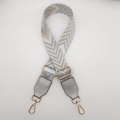 Adjustable geometric woven canvas shoulder strap with vintage wave pattern and gold hooks - Grey with Silver Thread + Silver Leather
