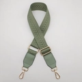 Detail of adjustable green arrow weave canvas strap with gold metal hooks and leather trim - Matcha Green with Matcha Green Leather