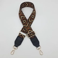 Close-up of geometric diamond weave canvas strap with gold metal rotating hooks - Light Gold Hook / Black with Brown + Black Leather