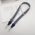 Close-up of adjustable wide woven shoulder strap with blue leather ends and silver metal hooks - [T-Style] White Blue (Navy Leather Silver Hook)