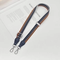 Detail of adjustable striped bag strap with navy leather ends and silver metal hooks - [T-Style] Blue Orange (Navy Leather Silver Hook)