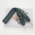 Adjustable geometric woven phone strap with green leather accents and gold metal hooks - Green Webbing Green Leather + Gold Hook