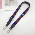 Macro detail of adjustable jacquard woven shoulder strap with polka dot pattern and metal clasp - Black Blue Red (Berry Purple Leather Silver Hook)
