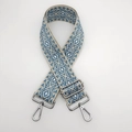 Adjustable blue and white geometric diamond pattern canvas shoulder strap with silver hooks - Beige and Blue With Silver Hook